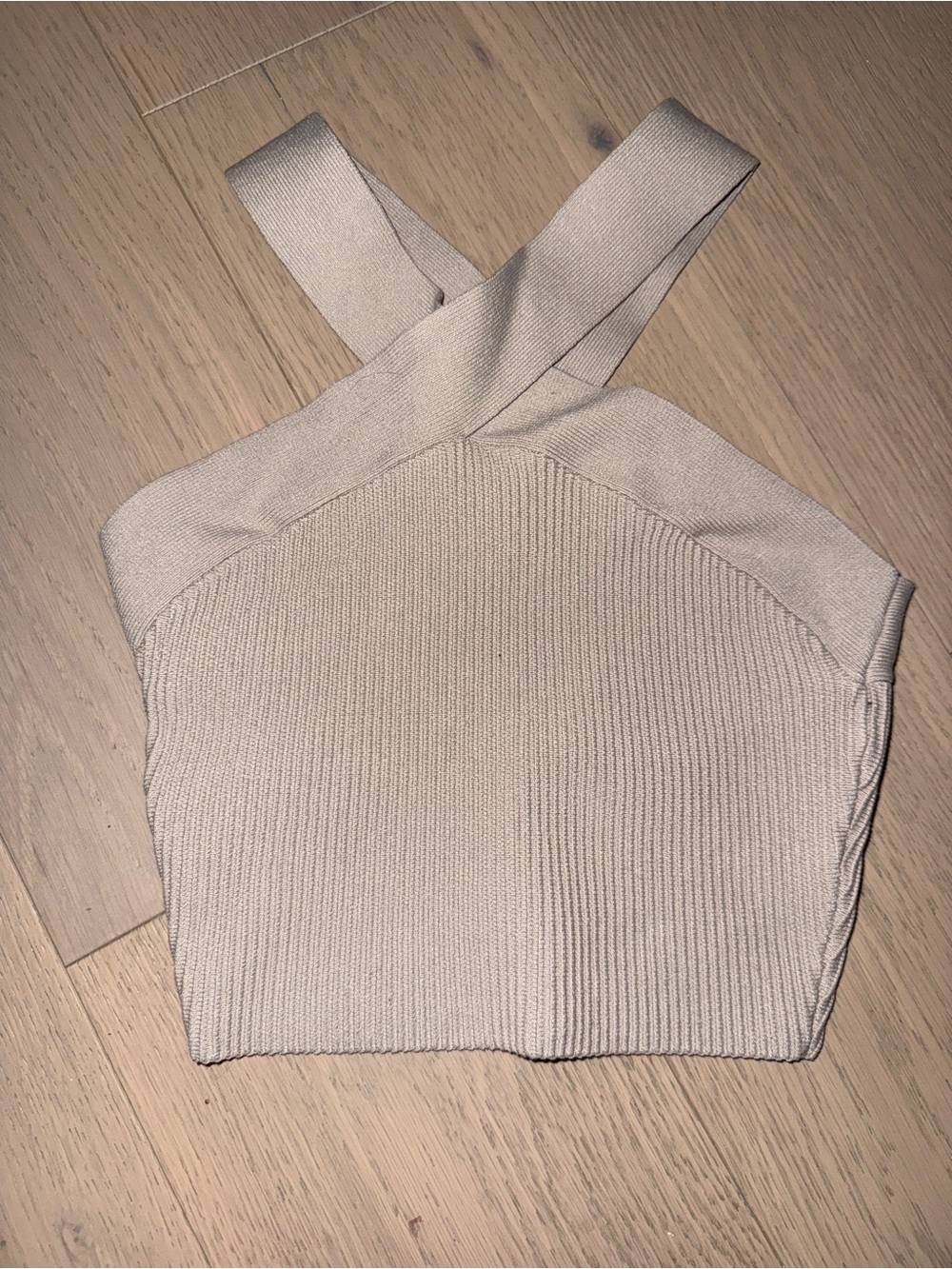 Aritzia Beige Cross-Strap Ribbed Knit Crop Top